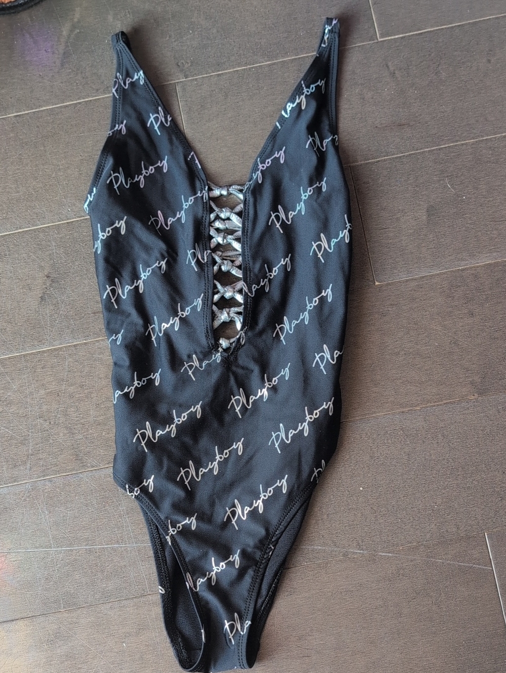PLAYBOY Black Script Lace-Up One-Piece Swimsuit